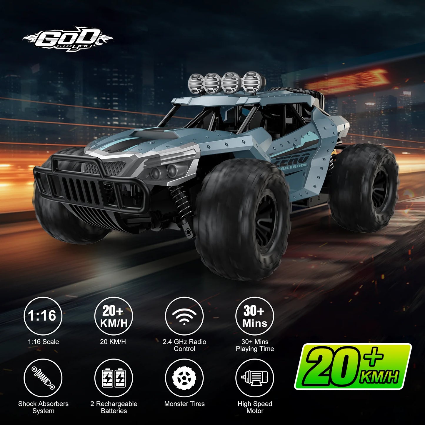 Remote Control Car, 2.4Ghz 15+MPH RC Cars Toys, 1:16 RC Truck off Road Hobby Toys with 2 Rechargeable Battery Gift for Boys Age 4-7 8-12 Kids