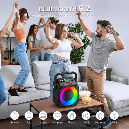 Karaoke Machine, Portable Bluetooth Speaker with 2 Wireless Microphones