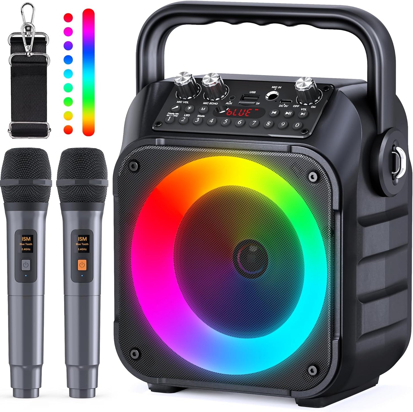 Karaoke Machine, Portable Bluetooth Speaker with 2 Wireless Microphones